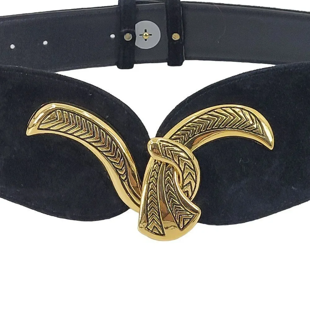 Vintage 80's Wide V Belt Black‎ Suede Ornate Gold Etched Hook Buckle Art to Wear